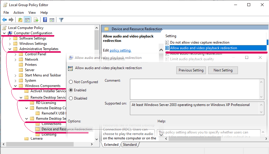 allow audio video playback redirection enable